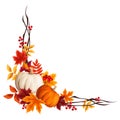 Corner border with pumpkins and colorful autumn leaves. Vector illustration.
