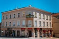 Corner of a classic commercial building with souvenir shops in Zagreb, Croatia