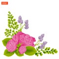 Corner composition. Pink rose flowers with leaves, buds, rosehip and fern