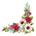 Corner decorative element with red, pink, purple and blue flowers. Vector illustration. Royalty Free Stock Photo