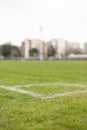 Corner of a football or soccer field. Visible white corner markings on green grass. Big football stadium without seats around Royalty Free Stock Photo