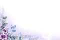 Corner frame of fantasy purple flowers, blue and green leaves and herbs with lilac fog on a white background. Hand drawn Royalty Free Stock Photo