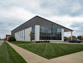 Corner Gray Contemporary Building with Tinted Windows