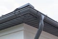 Corner of house with new gray metal tile roof and rain gutter. Metallic Guttering System, Guttering and Drainage Pipe Exterior Royalty Free Stock Photo