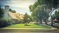 Corner house in quite neighborhood with tall trees canopy and pathway sidewalk