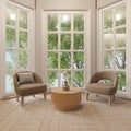 Corner of the living room in a classic style house in beige tones. and glass window overlooking the big tree With a set of Royalty Free Stock Photo
