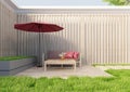 Corner mockup 3d render wooden slatted wall in beige tone, minimalist style There are wooden sofas and parasols