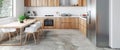 Corner of modern kitchen with white walls, concrete floor, long dining table cupboard. Generative Ai Royalty Free Stock Photo