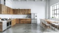 Corner of modern kitchen with white walls, concrete floor, long dining table cupboard. Generative Ai Royalty Free Stock Photo