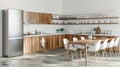 Corner of modern kitchen with white walls, concrete floor, long dining table cupboard. Generative Ai Royalty Free Stock Photo