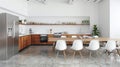 Corner of modern kitchen with white walls, concrete floor, long dining table cupboard. Generative Ai Royalty Free Stock Photo