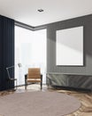 Gray living room corner, armchair and poster Royalty Free Stock Photo