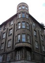 Corner oriel windows tower of old residential building at Maiselova Street, in Josefov, Prague, Czechia