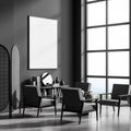 Corner of panoramic interior with poster, devider and chairs, dark grey