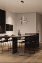 Corner of panoramic minimalist luxury kitchen with black marble island, wooden hardwood floor, white cupboards and bar