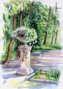 Corner of the park with a flower vase on a sunny afternoon. Landscape of the city park Royalty Free Stock Photo