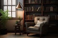 A corner with a plush armchair, a floor lamp, and a bookshelf filled with Scandinavian literature