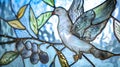 In a corner of the room a smaller stained glass window depicts the image of a dove carrying an olive branch representing