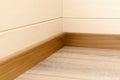 corner of the room with wood-paneled walls, wooden skirting boards and a wooden floor