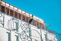 Corner shape of modern architecture building and many windows behind the a part of turkish flag Royalty Free Stock Photo