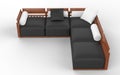 Corner sofa with wooden headrests, black seats and white pillows Royalty Free Stock Photo