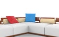 Corner sofa with wooden headrests and white seats Royalty Free Stock Photo