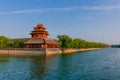 Corner tower and moat of Forbidden City under blue sky, in Beijing, China Royalty Free Stock Photo