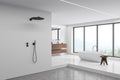 Corner view on bathroom interior with bathtub, shower, panoramic window Royalty Free Stock Photo