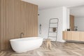 Corner view on bathroom interior with white bathtub and shower Royalty Free Stock Photo