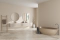 Corner view on bright bathroom interior with bathtub, double sink Royalty Free Stock Photo