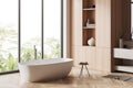 Corner view on bright bathroom interior with bathtub, panoramic window Royalty Free Stock Photo