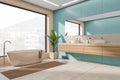 Corner view on bright bathroom interior with bathtub, panoramic window Royalty Free Stock Photo