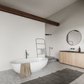 Corner view on bright bathroom interior with bathtub, shower Royalty Free Stock Photo