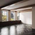 Corner view on bright empty living room interior