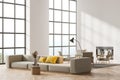 Corner view of contemporary white living room interior with fireplace, sofa and armchairs. Wall copy space. Panoramic window Royalty Free Stock Photo