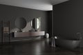 Corner view on dark bathroom interior with bathtub, double sink Royalty Free Stock Photo