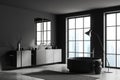 Corner view on dark bathroom interior with panoramic window, bathtub Royalty Free Stock Photo