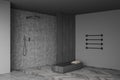 Corner view on dark bathroom interior with shower, wooden partition