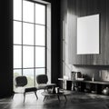 Corner view on dark living room interior with white poster Royalty Free Stock Photo
