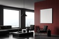 Corner view on dark living room interior with white poster Royalty Free Stock Photo