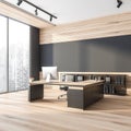 Corner view on dark office interior with empty grey wall Royalty Free Stock Photo