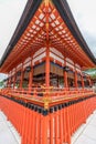 Corner view of Ge-haiden (Outer worship hall) at Fushimi Inari Taisha. Kyoto, Japan