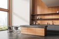 Home kitchen interior with bar island, cooking cabinet and window. Mock up wall Royalty Free Stock Photo