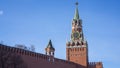 A corner view of Spasskaya Tower, translated as Saviour Tower, it`s the main tower on the eastern wall of the Moscow Kremlin whic