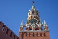 A corner view of Spasskaya Tower, translated as Saviour Tower, it`s the main tower on the eastern wall of the Moscow Kremlin which