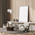 Corner view of standing canvas in seating area of beige living room Royalty Free Stock Photo