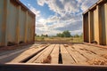 corner view of wooden shipping crate on flatbed railcar Royalty Free Stock Photo