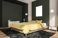 Corner view of yellow and dark green bedroom with canvas on wall Royalty Free Stock Photo