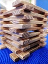 The corner of the wooden tower made of flat wooden sticks. Close-up