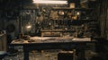 In the corner of the workshop a solitary table sits cluttered with tools and papers where a mechanic is a blueprint deep Royalty Free Stock Photo